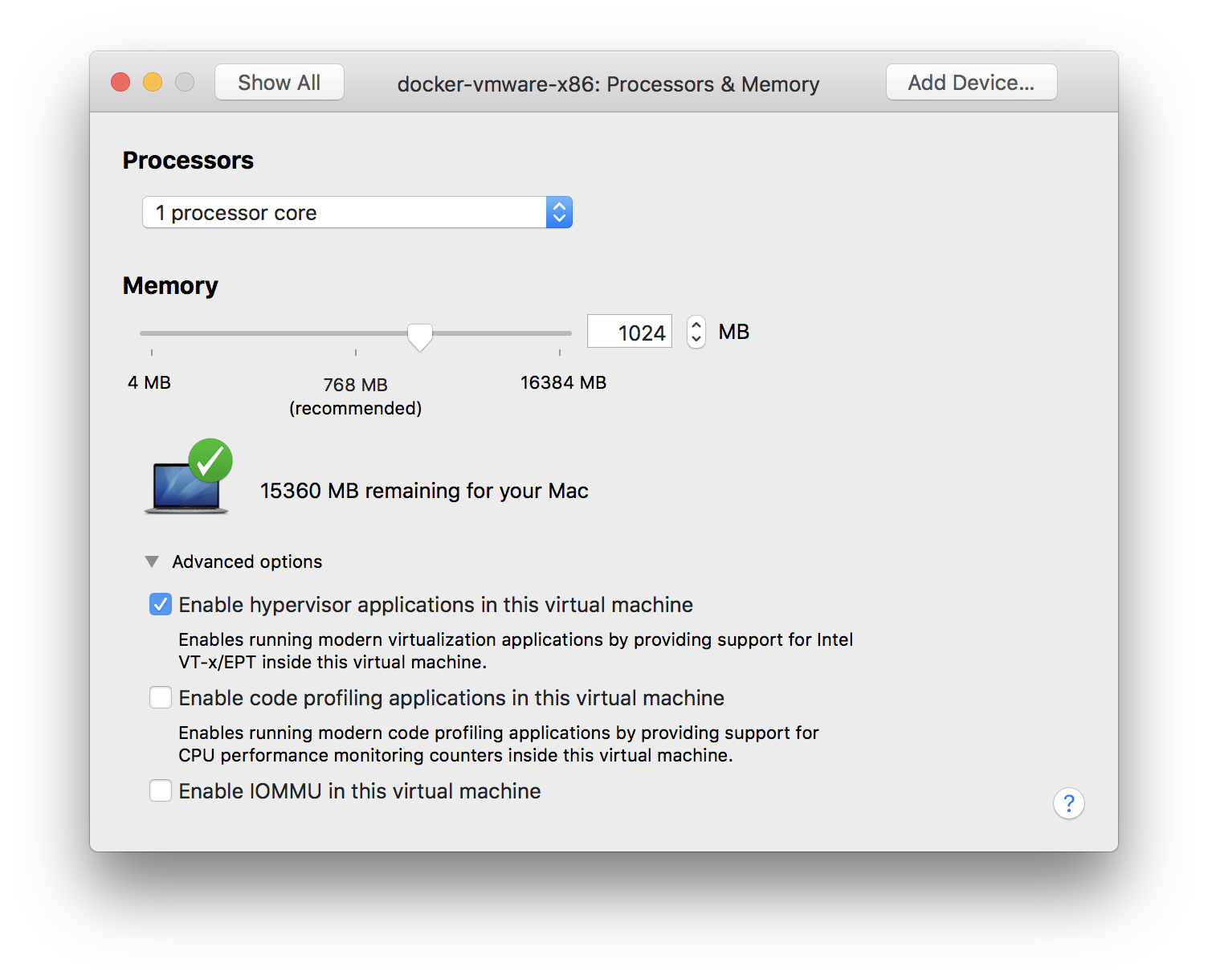 Enable nested virtualization for VMWare Fusion